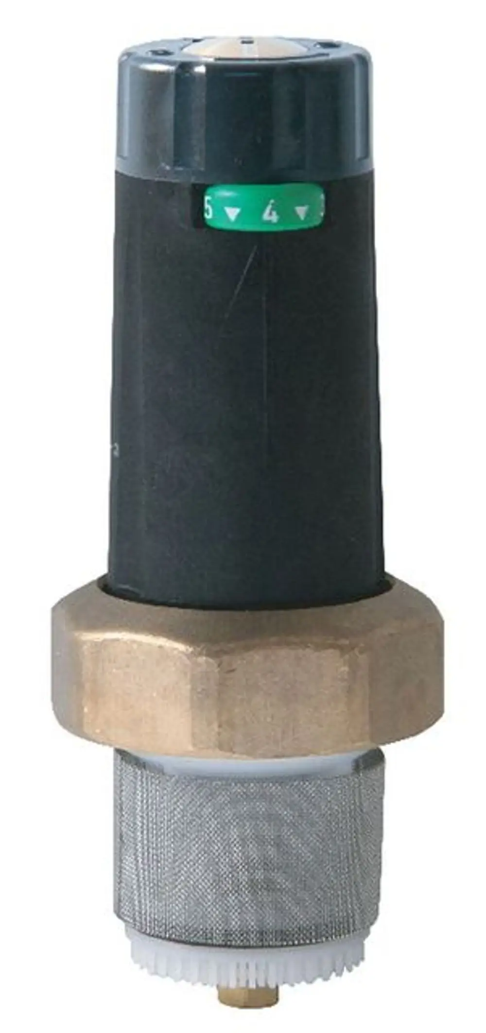 Druckreglerpatrone von Syr mit einem schwarzen oberen Teil und einem metallenen Gewinde, ausgestattet mit einem Filter und einstellbaren Druckwerten auf dem Oberteil.